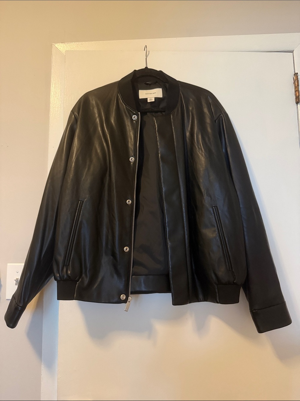 Calvin Klein Jeans Black Faux Leather Bomber Jacket